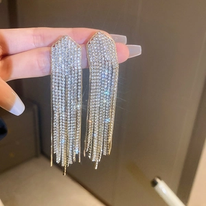 Détail de boucles d'oreilles longues à pampilles en zircone avec des feuilles en argent