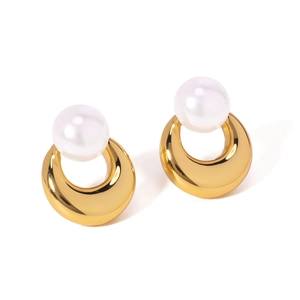 Golden C-shaped stainless steel earrings with pearl inlay on a clean white background