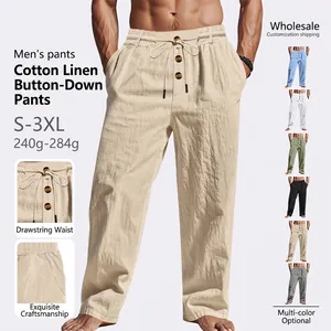 Pantalon Décontracté Homme Mélange De Lin Respirant Jambe Droite Taille À Cordon Décor De Boutons Pantalon Léger Pour Hommes