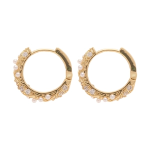 Elegant gold hoop earrings with twisted rope texture, pearls and sparkling zircons