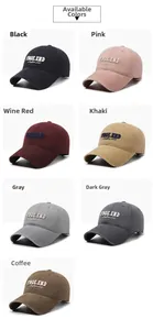 Detailed multi-color display of cotton baseball caps with FBQE.END letter embroidery