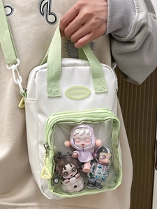 Japanese style ita bag in white and green with a transparent window for doll display