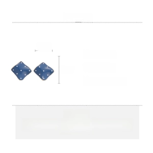 Detail view of blue polka dot square earrings showing 2.2cm dimensions and alloy material