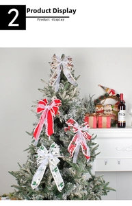 Christmas tree decoration bows featuring red velvet and festive patterns in a holiday setting