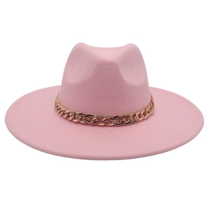 Detailed view of pink wide brim wool fedora hat with elegant rose gold chain strap