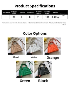 Detailed size chart and multi-color options for the quilted PU leather shell crossbody bag