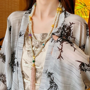New Chinese style multi-layer pearl necklace with flower beads and pink fringe tassel