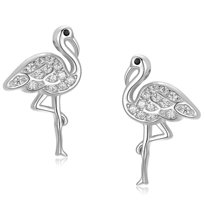 Sparkling S925 silver flamingo stud earrings featuring white cubic zirconia and black eyes