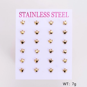 Detailed set of 12 pairs golden stainless steel crown stud earrings on display card