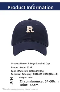 Detailed close-up of blue cotton baseball cap with white towel-embroidered R letter