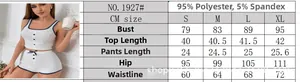 Detailed size chart for women's ribbed pajama set including tank top and shorts measurements
