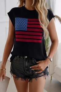 Detail shot of a black sleeveless knit vest with American flag pattern on the front