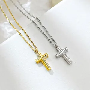 Cross Pendant Necklace Titanium Steel Inlaid Zircon Vintage Elegant Versatile Jewelry Gift For Women