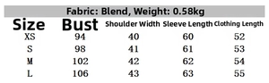 Detailed size chart for street style soft short jacket in blended fabric with measurements