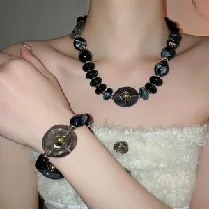 Chic acrylic marble jewelry set with resin choker and cuff bracelet in grey and gold
