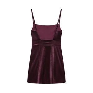 Elegant burgundy velvet mini dress featuring thin straps and backless square neck design