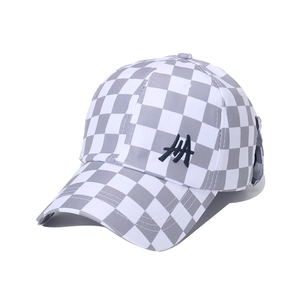 Detail of grey checkerboard pattern baseball cap with black HA letter embroidery