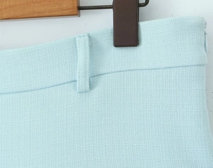 Detail of light blue pleated skirt featuring woven texture and side invisible zipper