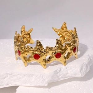 Adjustable 18k gold plated starfish cuff bracelet with red enamel accents on stone base