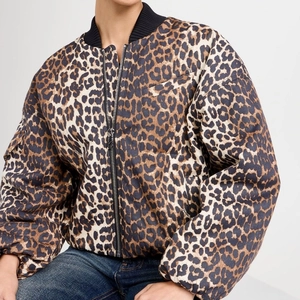Women Leopard Print Bomber Jacket Polyester Padded Zip Up Stand Collar Ribbed Trim Long Sleeve Fashion Coat
