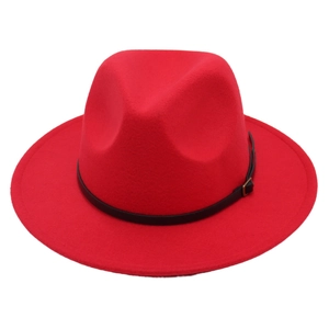 Detail showing red fedora hat with black leather band and gold square buckle