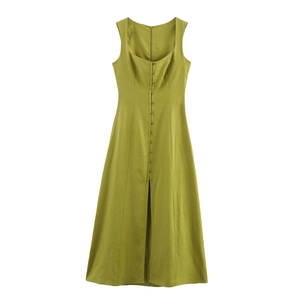 Elegant olive green square neck sleeveless maxi dress with single-breasted buttons