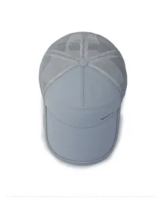 Top view of a light gray sports baseball cap featuring breathable mesh and sport embroidery
