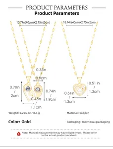 Detailed size chart showing gold heart necklaces made of copper with 40cm plus 5cm chain