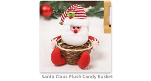 Detail showing Santa Claus doll candy basket with woven bamboo and festive accessories