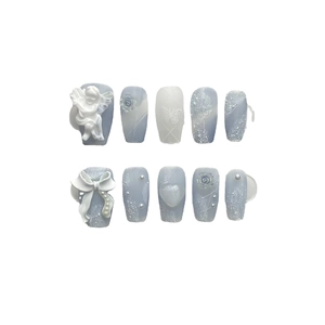 Elegant handmade misty blue press-on nails featuring 3D angel and rose plaster art