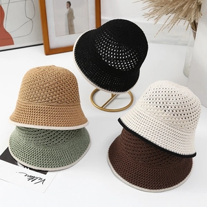 Women Hollow Crochet Knit Bucket Hat Breathable Foldable Sun Protection Beach Sun Hat Contrast Trim Elegant Japanese