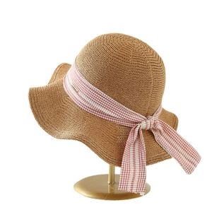 Women's summer straw sun hat with pink plaid bow and elegant knit texture design