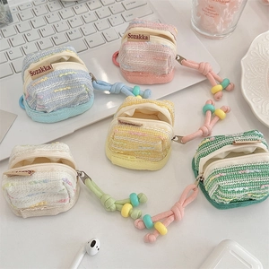 Mini tweed backpack pouches for earphones in five pastel colors with decorative lanyards