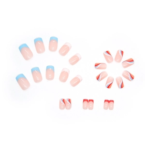 French style press-on nails with colorful wave patterns and elegant blue white red tips