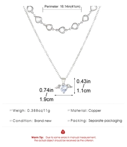 Detailed technical diagram of silver heart wing necklace with copper material and dimensions