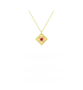Detail of square镂空 hollow pendant with red gemstone and diamonds on S925 silver chain