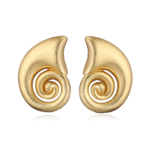 Minimalist golden spiral stud earrings with a frosted metallic texture on white background