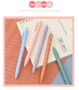 Close-up of 5 retractable gel pens in macaron colors on a white spiral notebook