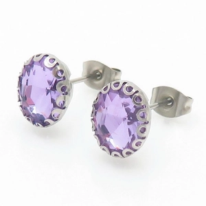 Fashionable round stud earrings with lavender crystals and silver floral settings