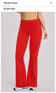 Front view of high waist red flare yoga pants with slim fit and elastic fabric