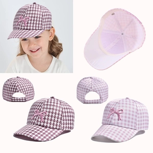 Pink and purple checkered baseball caps for girls with 3D bows and sun protection