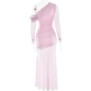 Detail of pink one-shoulder ruched dress with sheer mesh panel and bodycon fit
