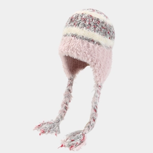 Bonnet à rabat en fausse fourrure rose et tricot gris mélangé avec cordons à glands
