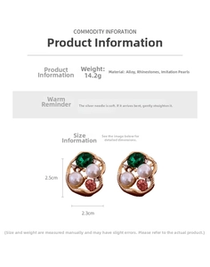 Detail view of vintage oval pearl earrings with rhinestones and silver pins dimensions