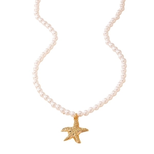 Elegant white pearl necklace featuring a textured gold starfish pendant on a white background