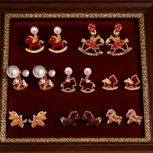 Horse Pony Pendant Stud Earrings 18K Gold Plated Copper With Silver Earring Post Enamel Zircon Chinese Style For Women