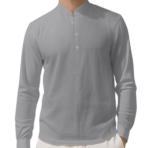 Men's loose linen grey long sleeve shirt with henley neck and four-button placket
