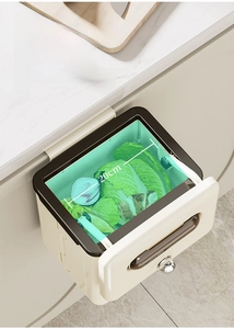 Detail showing wall-mounted kitchen trash can with 20cm wide opening and silver handle