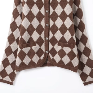 Detail of argyle knit cardigan with silver heart buttons and functional side pockets