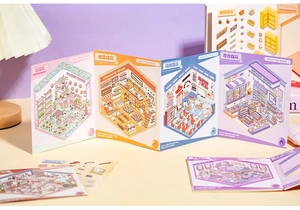 Detail view of the accordion fold design showing 4 miniature landscape scenes for stickers